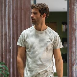 T-shirt 100% organic cotton Authentic – Striped beige and black