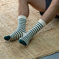 Wide Mottled beige / green stripes socks  combed cotton
