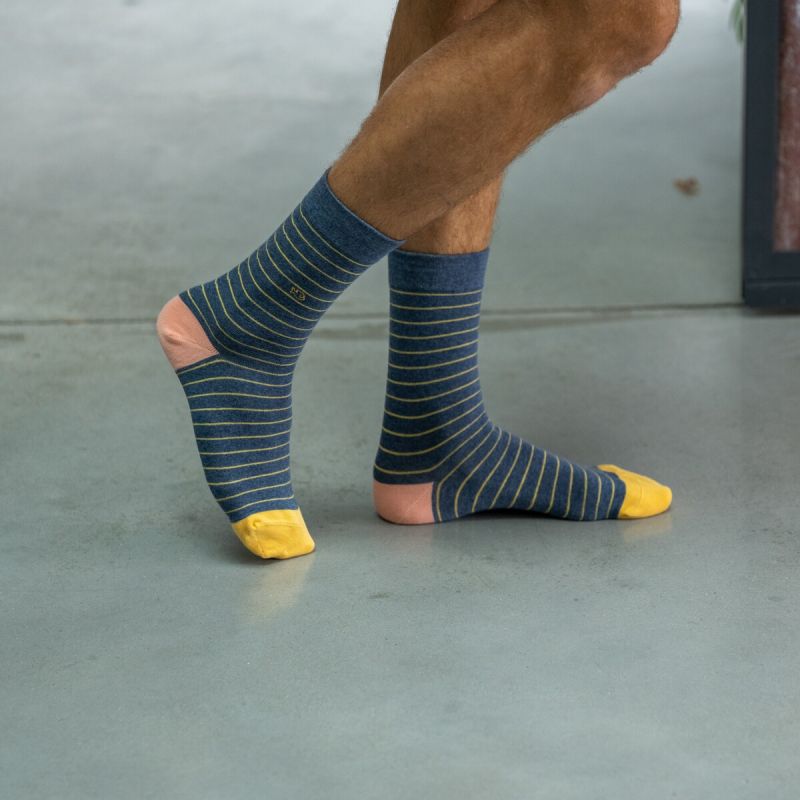 Cotton socks Wide Stripes Steel blue / Yellow