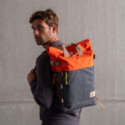 Backpack 100% recycled polyester  Rolltop - Orange and grey blue