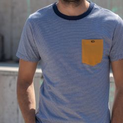 T-shirt rayé bleu/camel   en coton biologique - 190gr