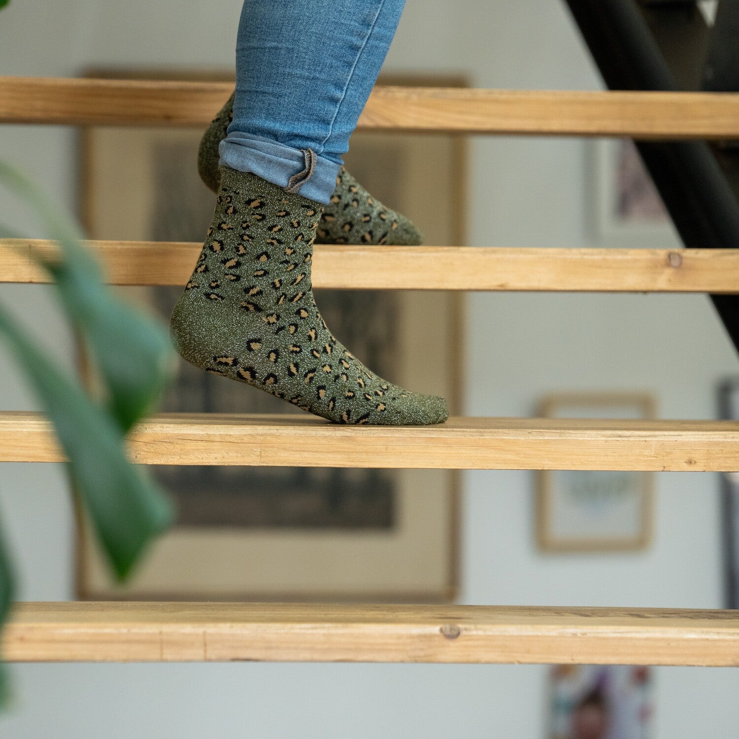 Glitter socks in combed cotton Leopard - Khaki