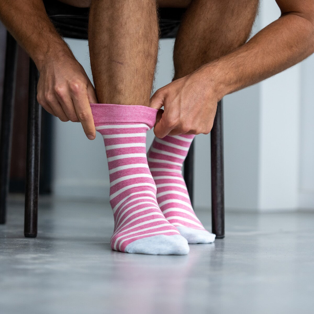 Chaussettes en coton peigné A rayures larges - Rose