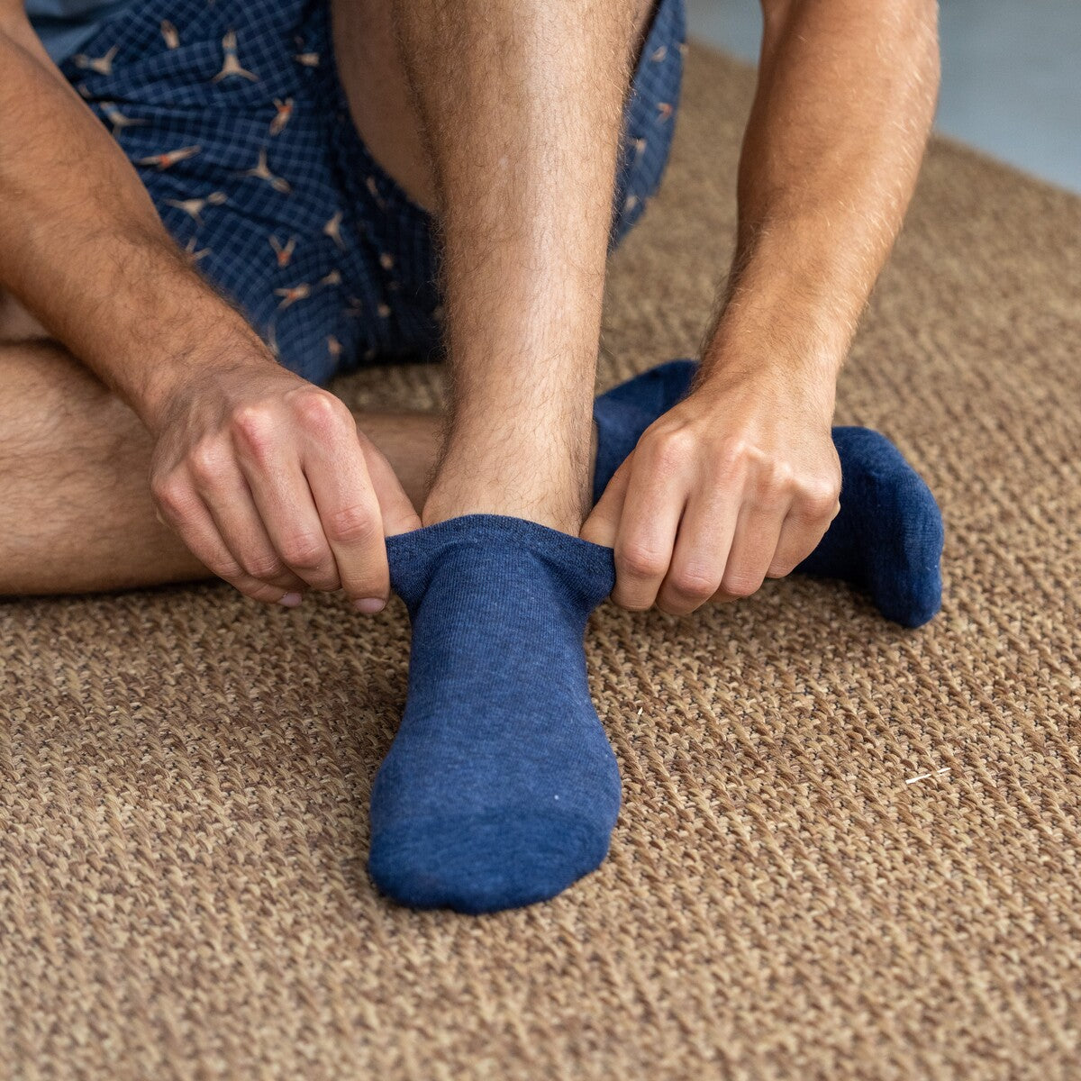 Ankle socks in combed cotton Plain - Mottled navy blue