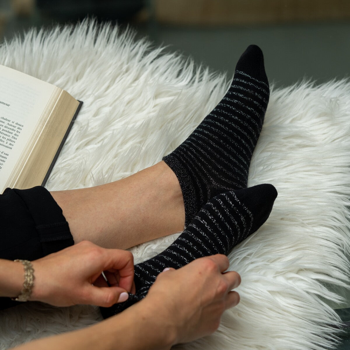 Glitter socks in combed cotton Striped - Black and silver