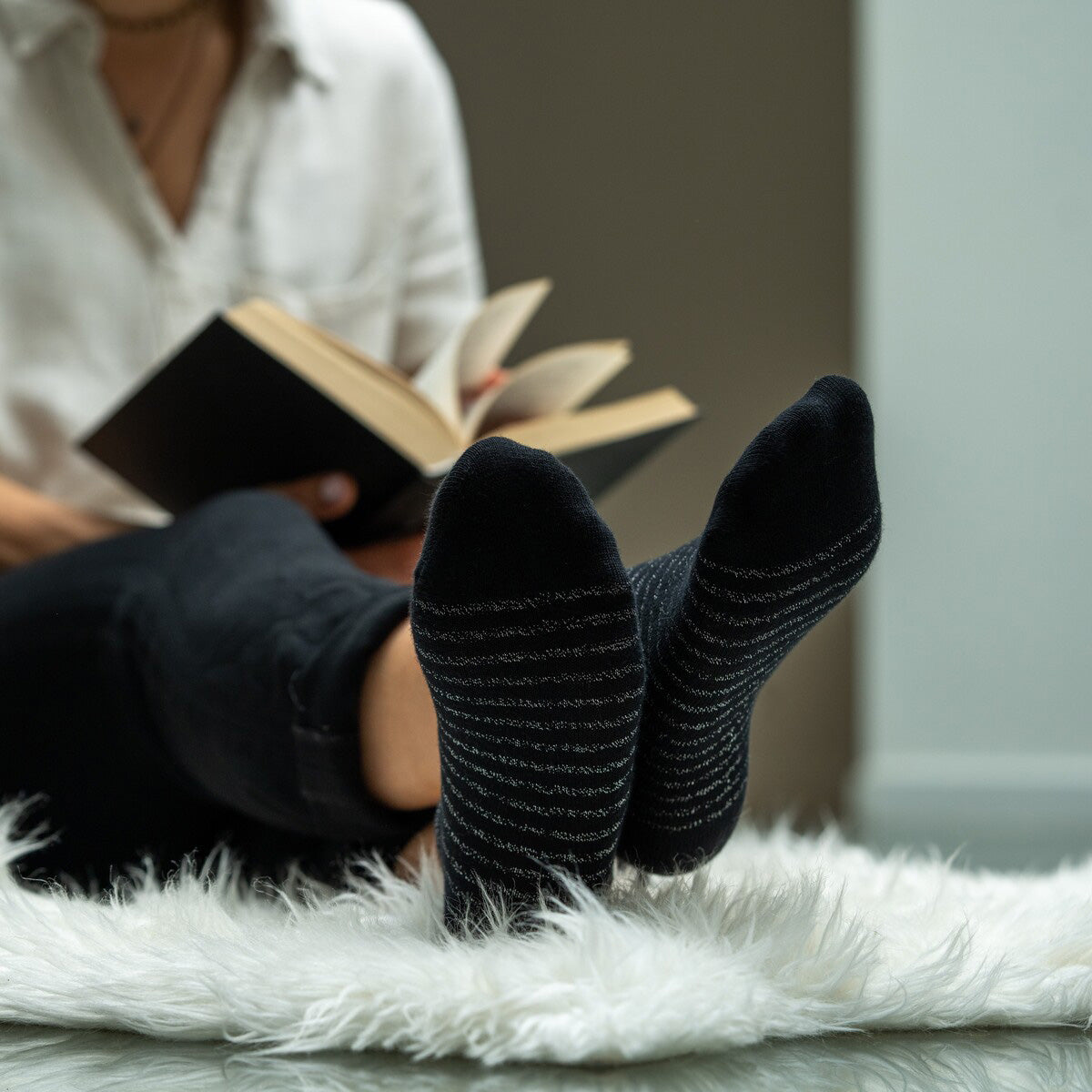 Glitter socks in combed cotton Striped - Black and silver