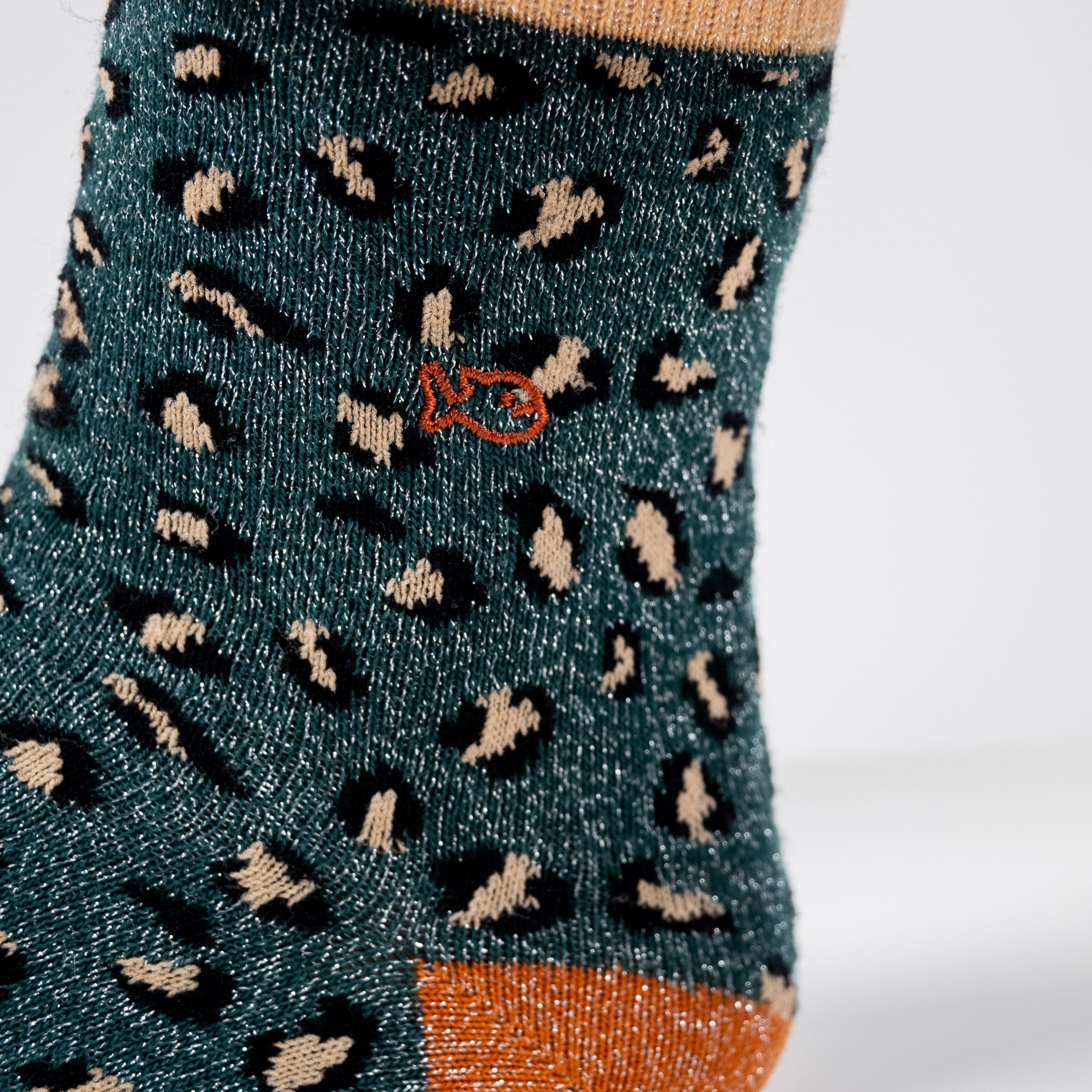 Chaussettes pailletées en coton peigné Léopard - Vert et camel