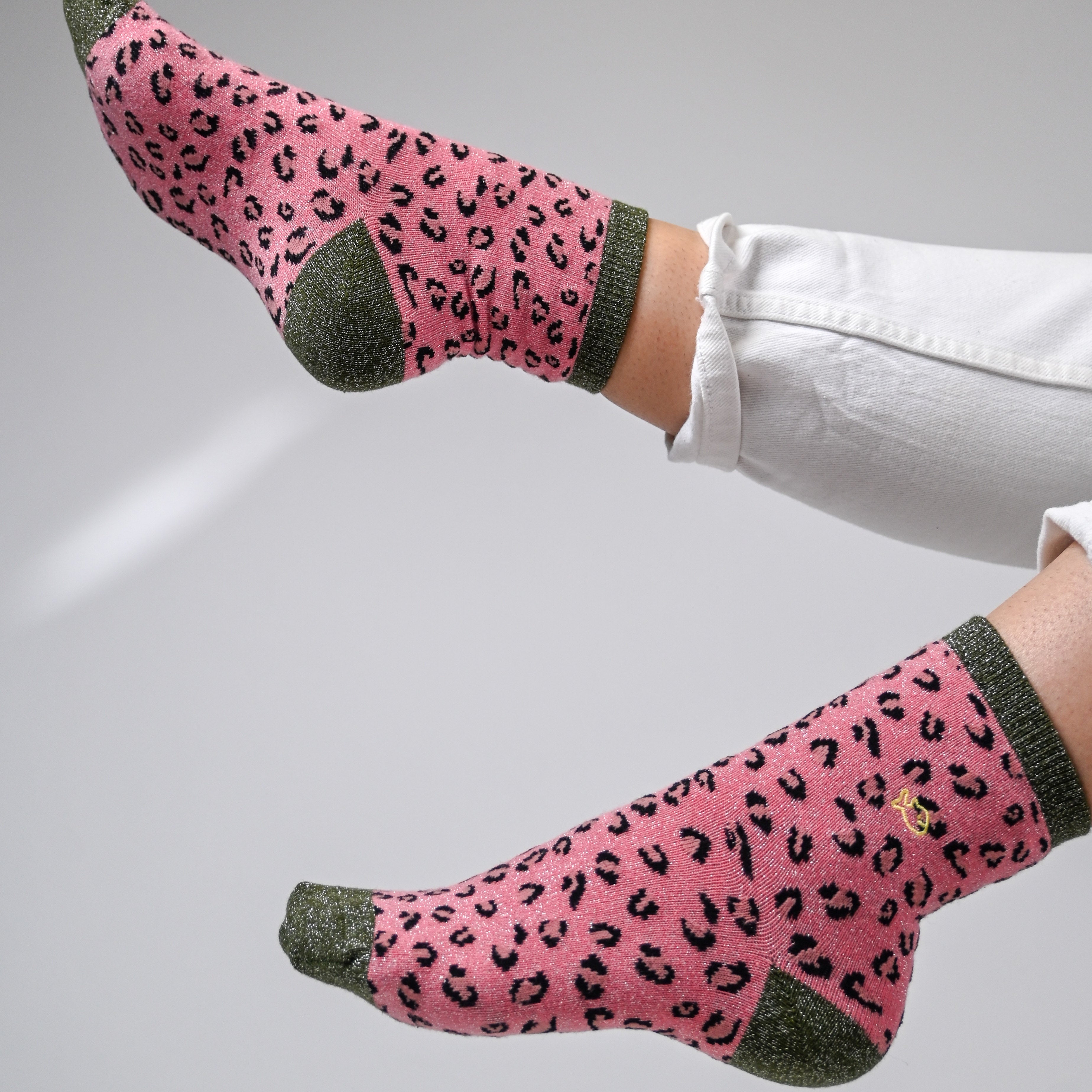 Glitter socks in combed cotton Leopard - Pink and khaki