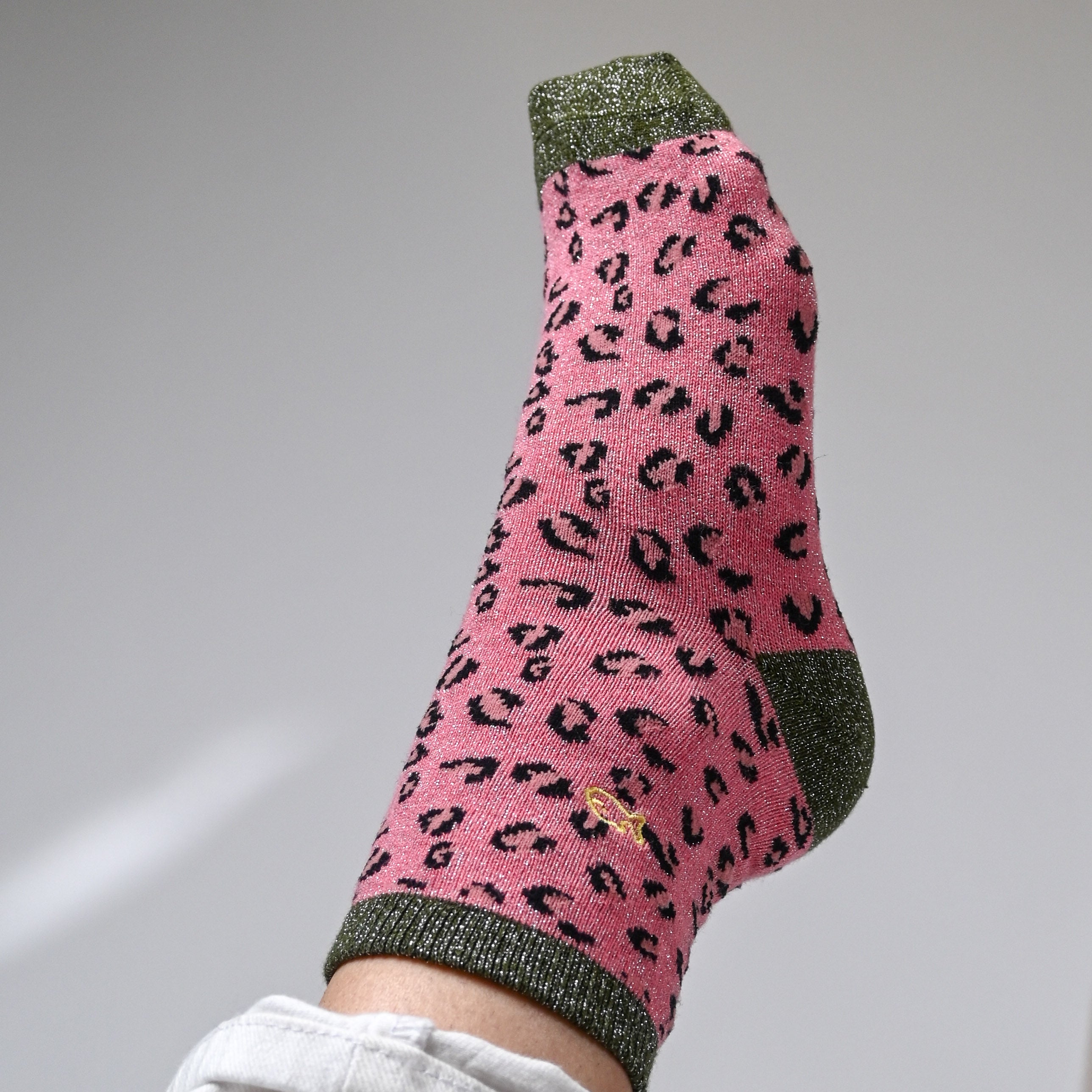 Chaussettes pailletées en coton peigné Léopard - Rose et kaki