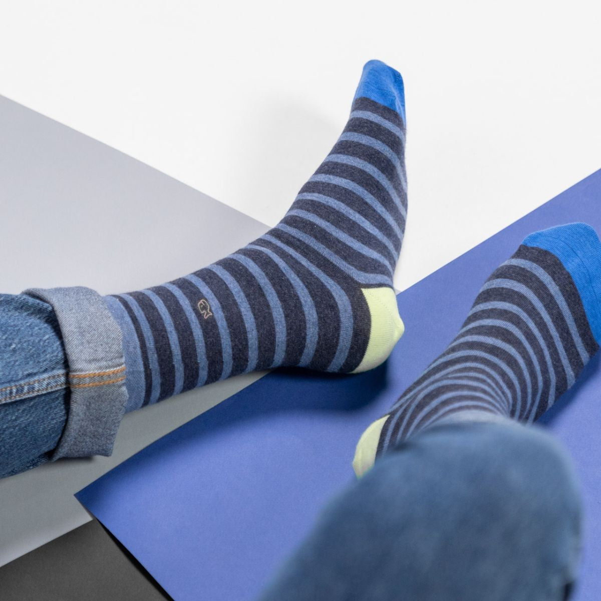 Combed cotton socks Wide stripes - Navy and neon