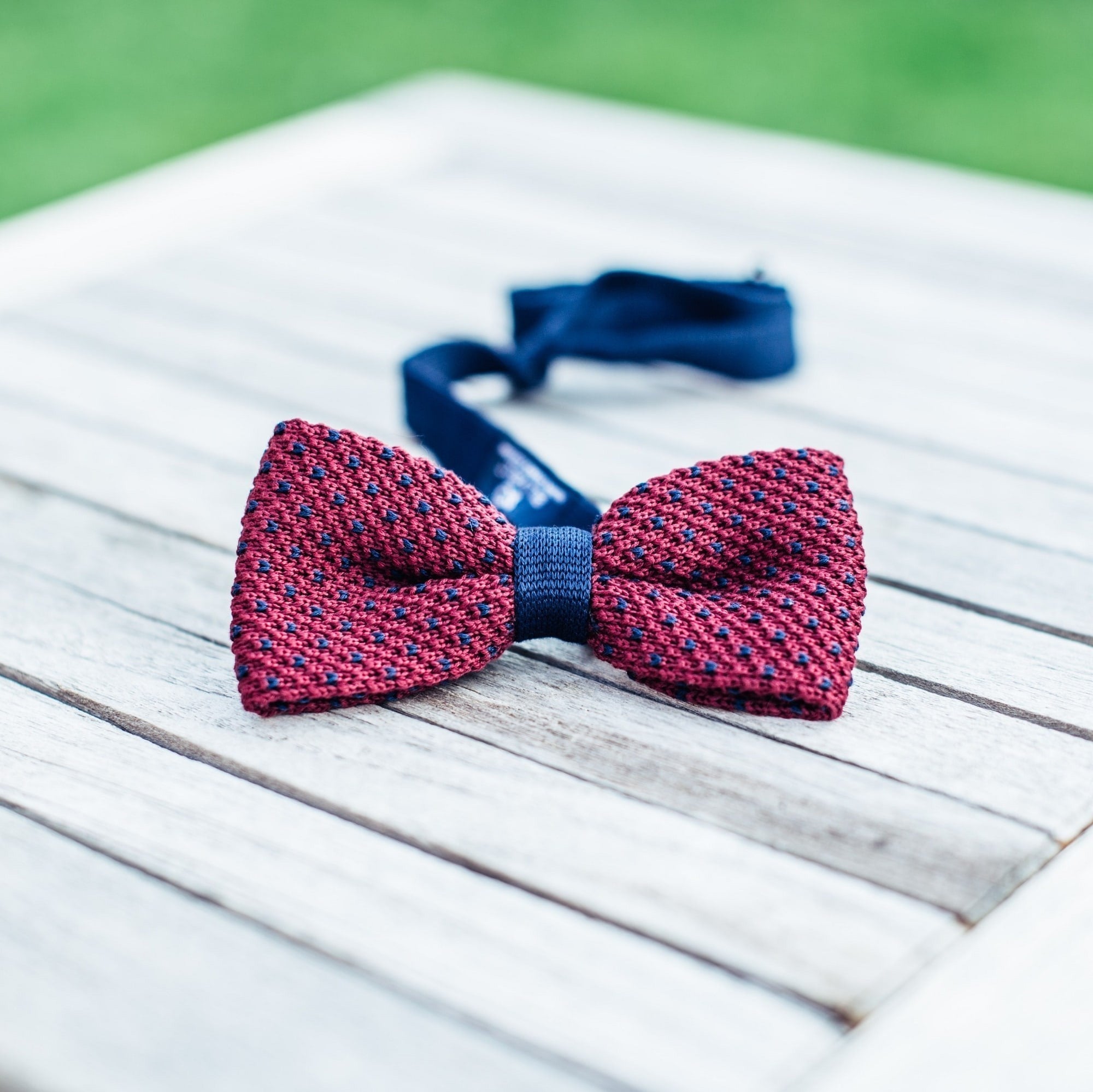 Knitted bow tie Burgundy and blue