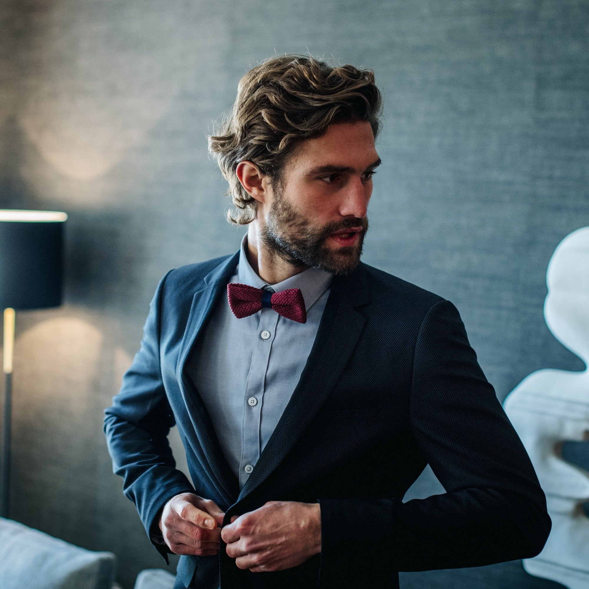 Knitted bow tie Burgundy and blue