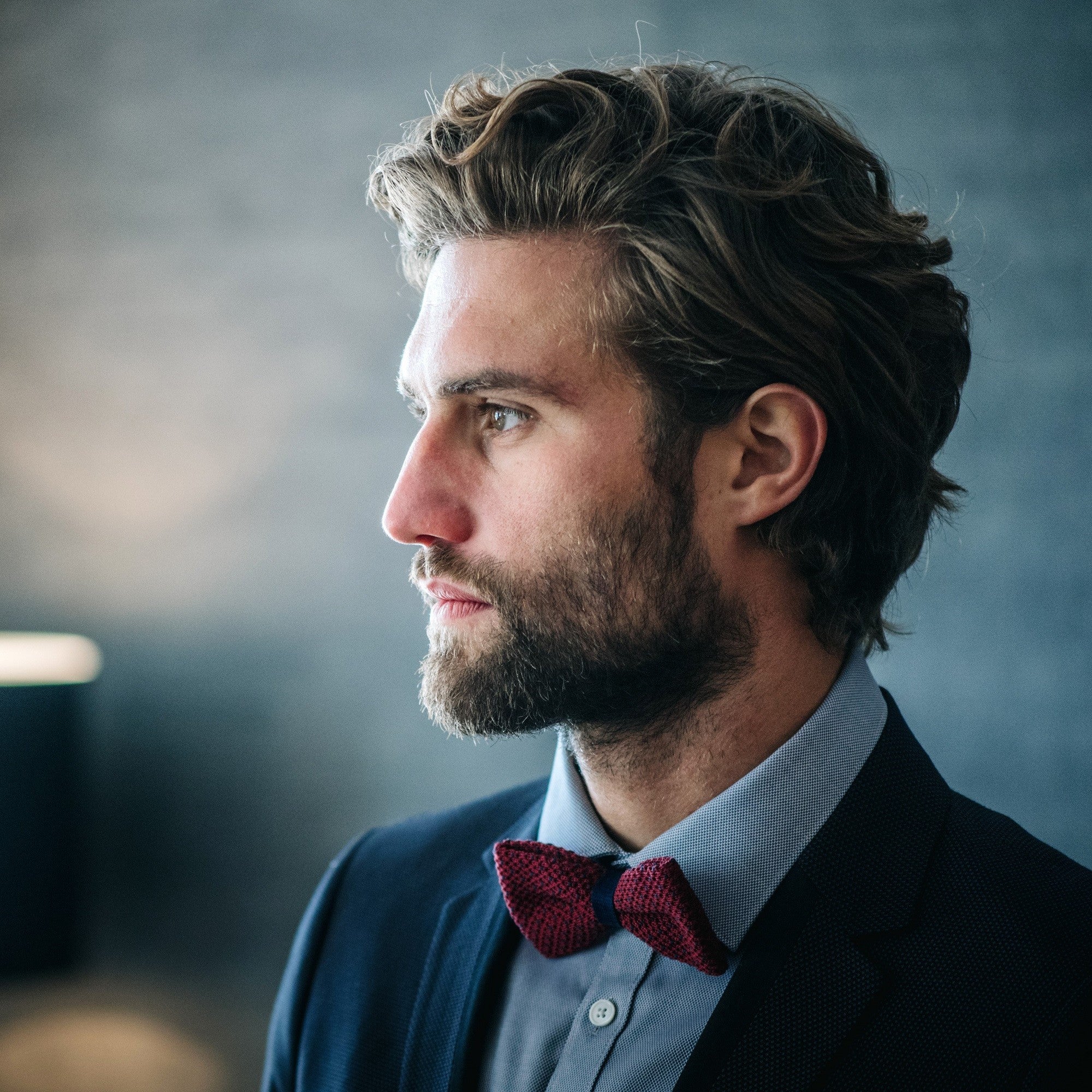 Knitted bow tie Burgundy and blue