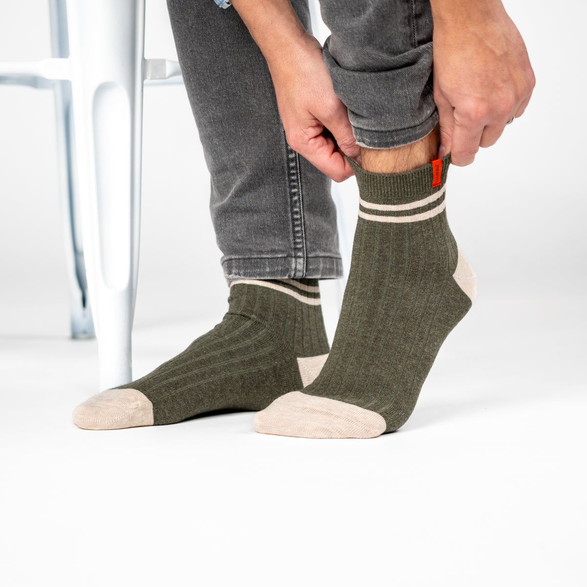 Socks in combed cotton Mid-cuts - Khaki, beige striped