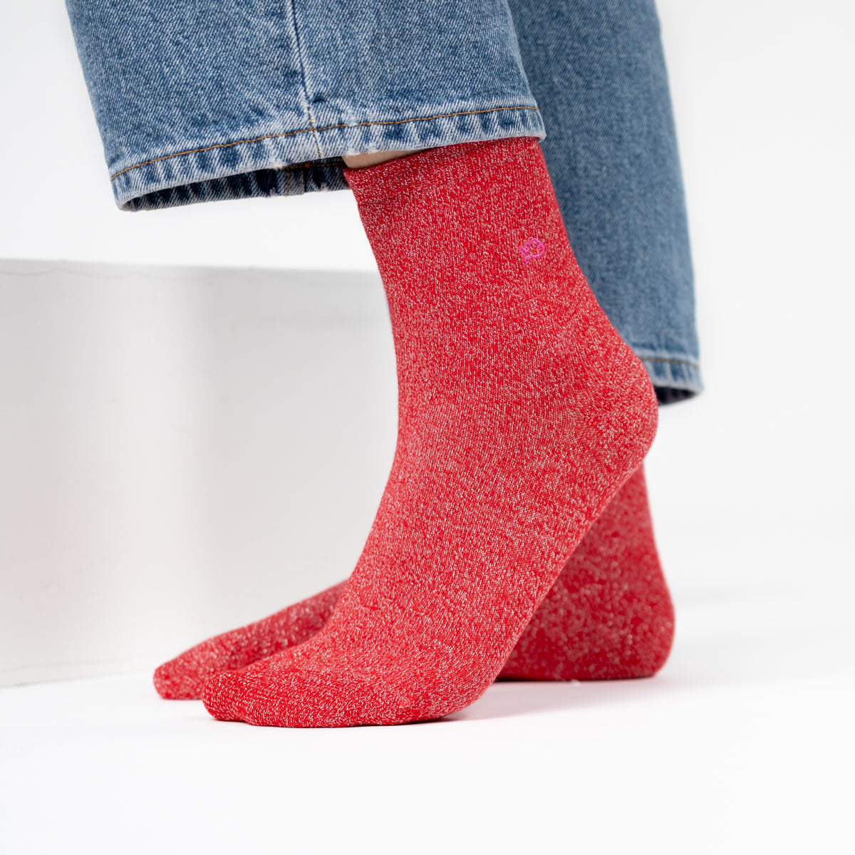 Chaussettes pailletées en coton peigné Unies - Rouge