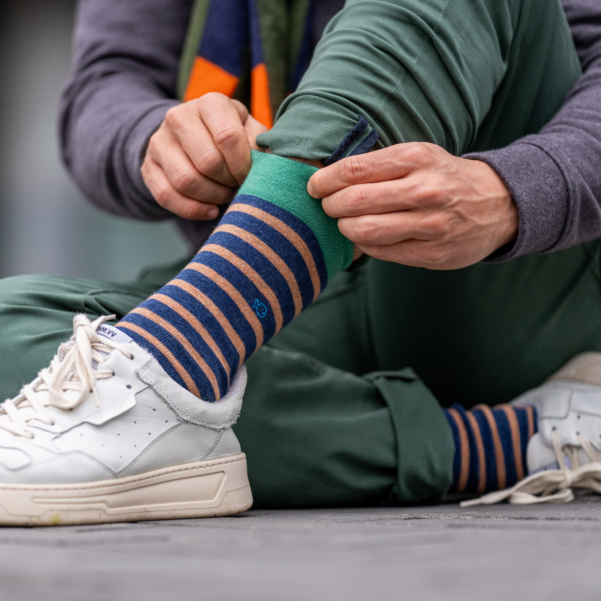 Chaussettes en coton peigné A rayures larges - Marine et beige