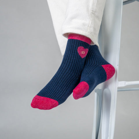 Chaussettes en coton peigné Coeur - Marine et rose