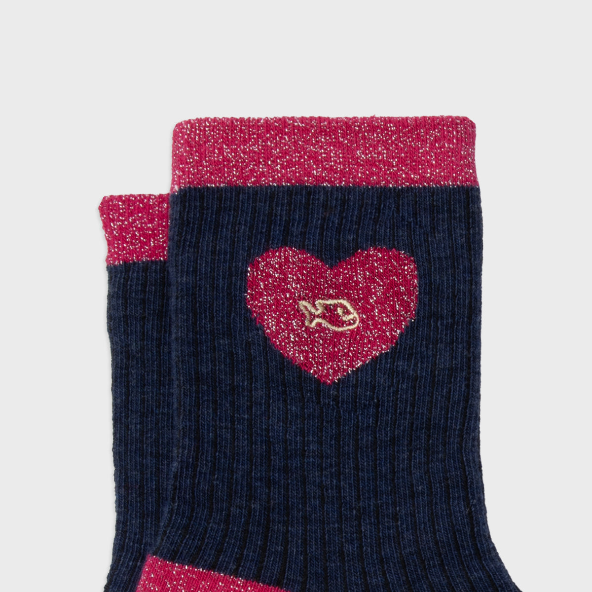 Chaussettes en coton peigné Coeur - Marine et rose