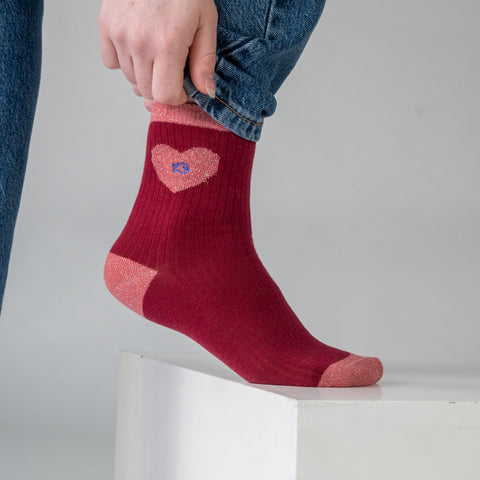 Chaussettes en coton peigné Coeur - Rouge et rose