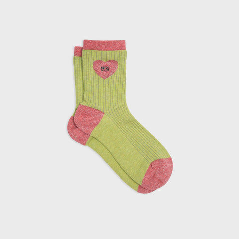 Chaussettes en coton peigné Coeur - Vert olive et rose