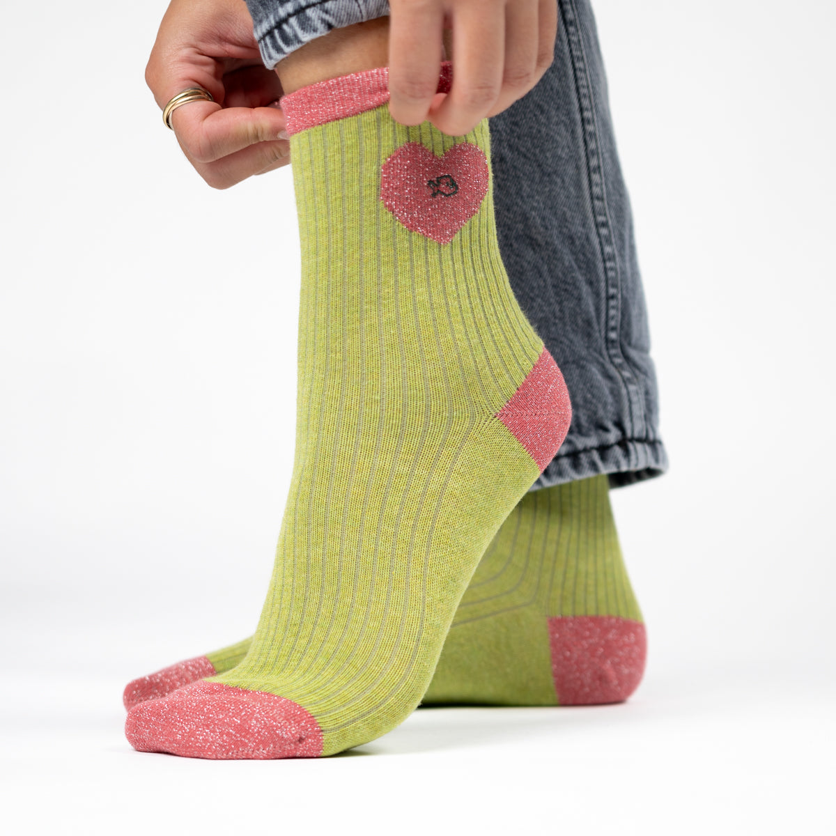 Socks in combed cotton Heart - Olive green and pink