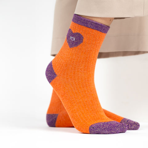 Chaussettes en coton peigné Coeur - Orange et violet