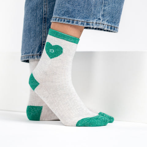 Chaussettes en coton peigné Coeur - Blanc et vert