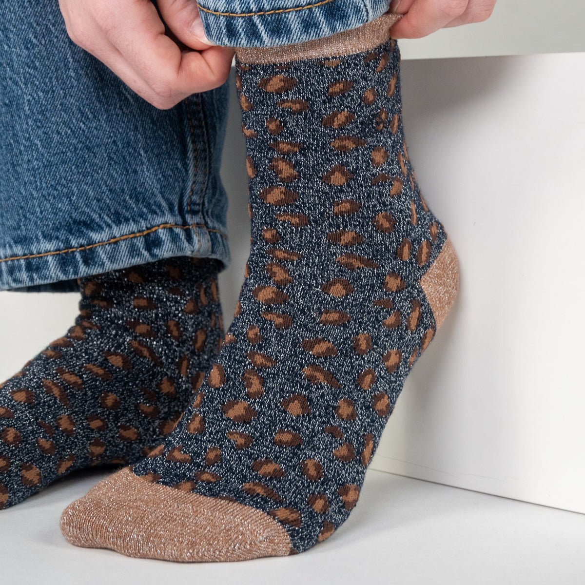 Socks in combed cotton Leopard - Navy and brown