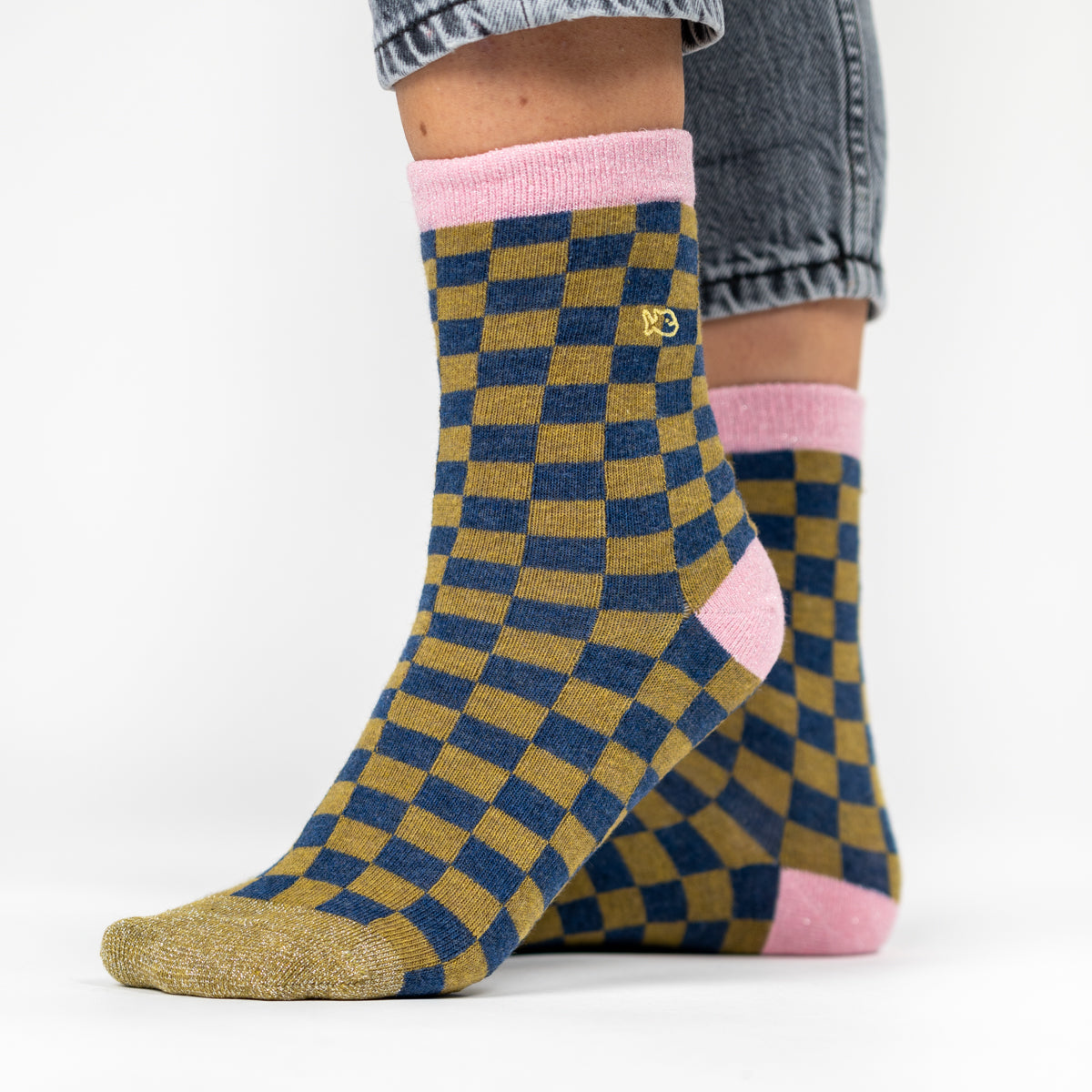 Chaussettes en coton peigné Carreaux - Kaki et bleu