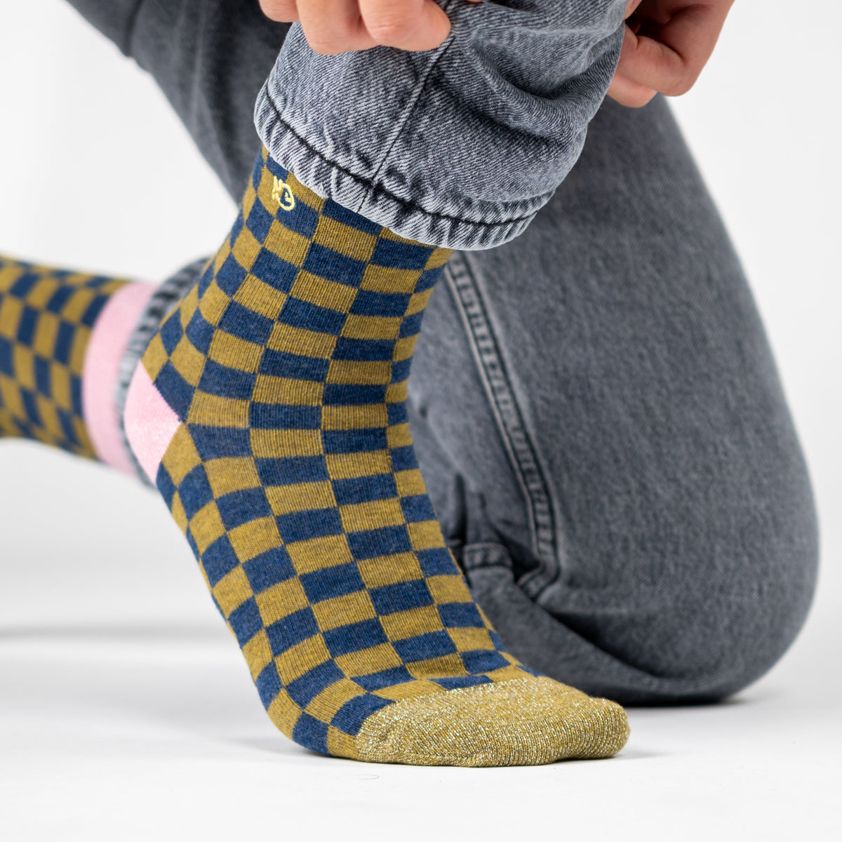 Chaussettes en coton peigné Carreaux - Kaki et bleu