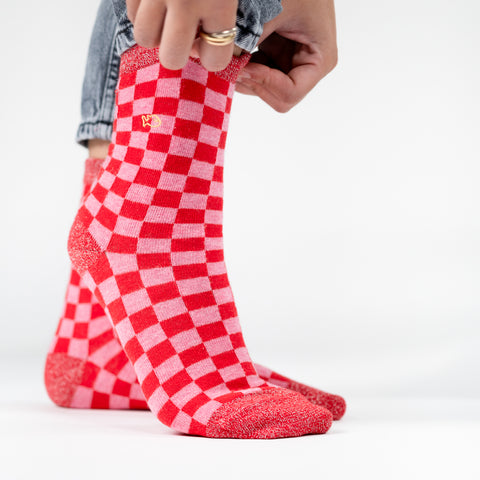 Chaussettes en coton peigné Carreaux - Rouge et rose