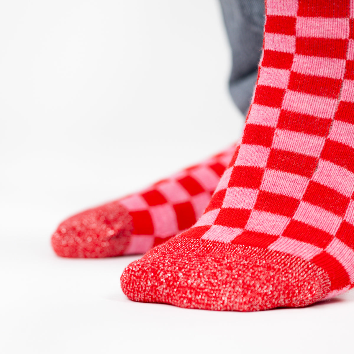 Chaussettes en coton peigné Carreaux - Rouge et rose