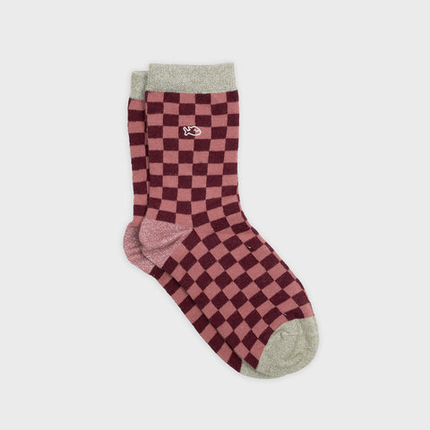 Chaussettes en coton peigné Carreaux - Bordeaux et rose