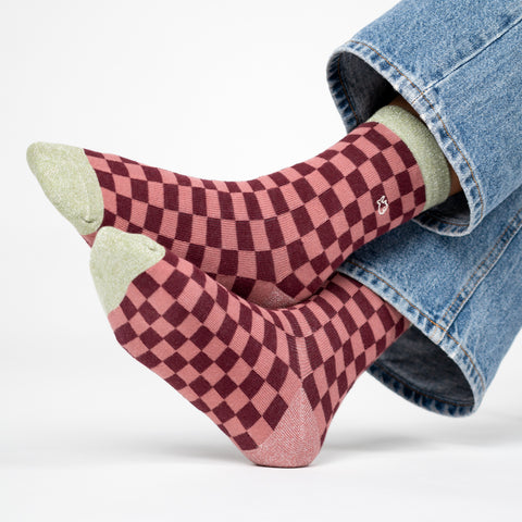 Chaussettes en coton peigné Carreaux - Bordeaux et rose