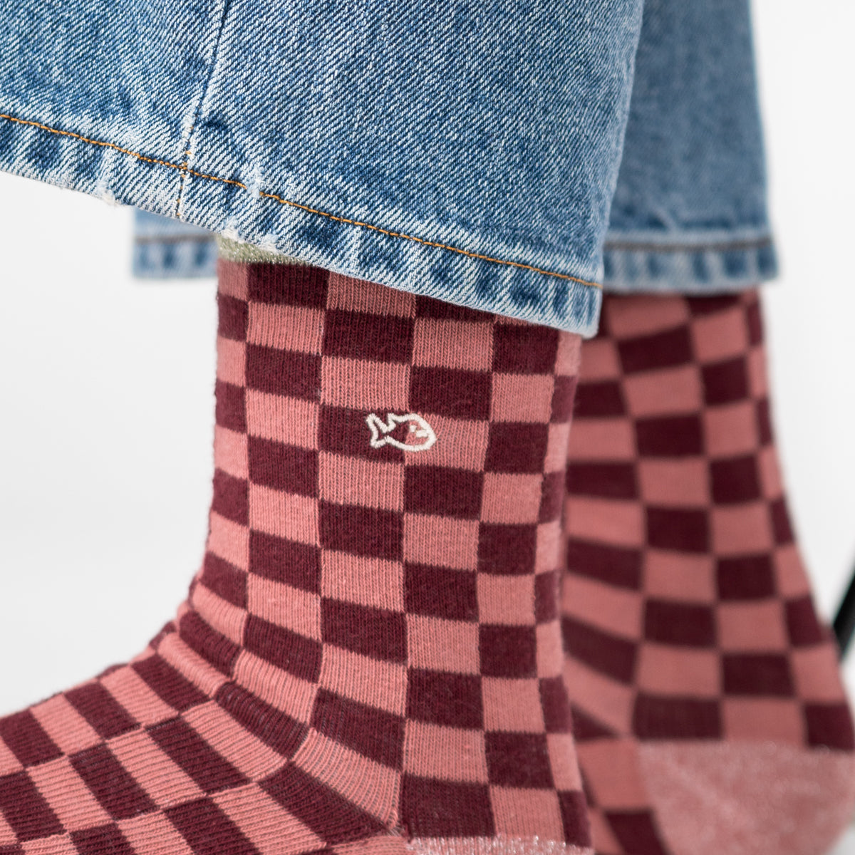 Chaussettes en coton peigné Carreaux - Bordeaux et rose