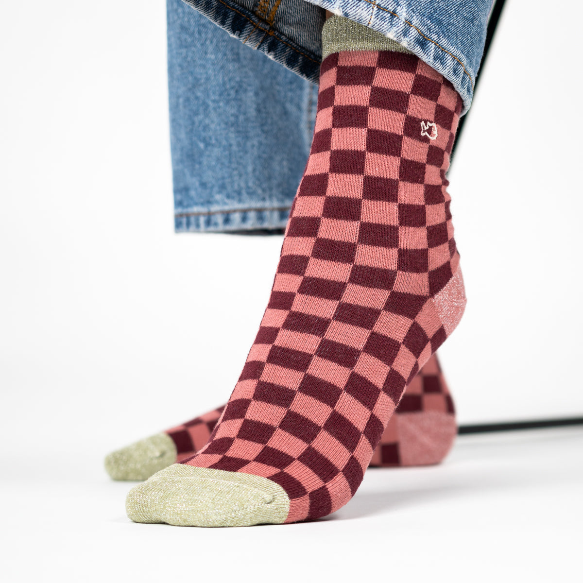 Chaussettes en coton peigné Carreaux - Bordeaux et rose