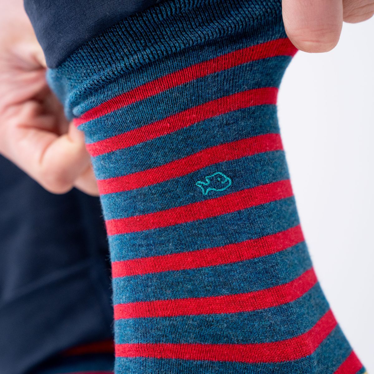 Chaussettes en coton peigné A rayures larges - Marine et rouge