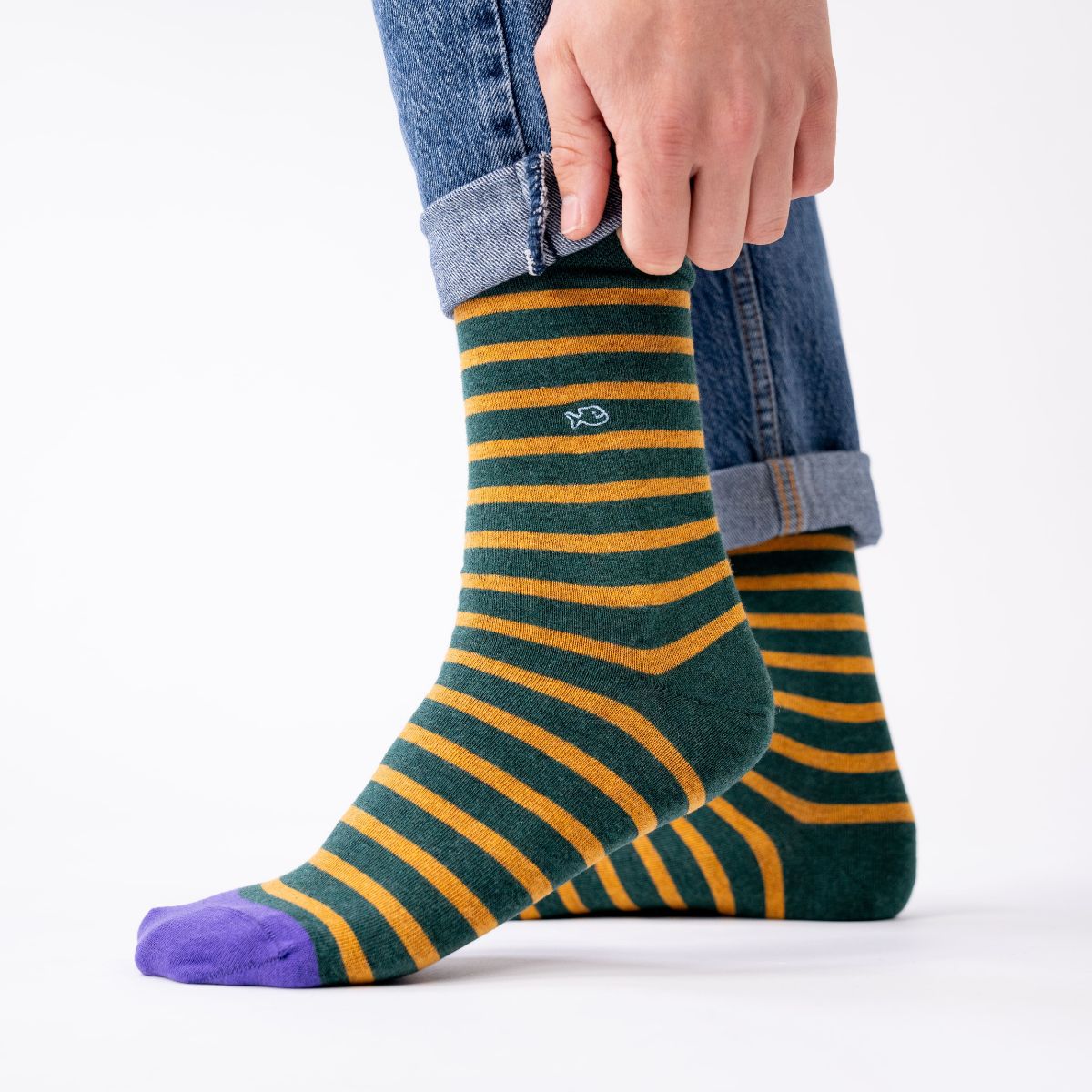 Socks in combed cotton Wide stripes - Green and yellow