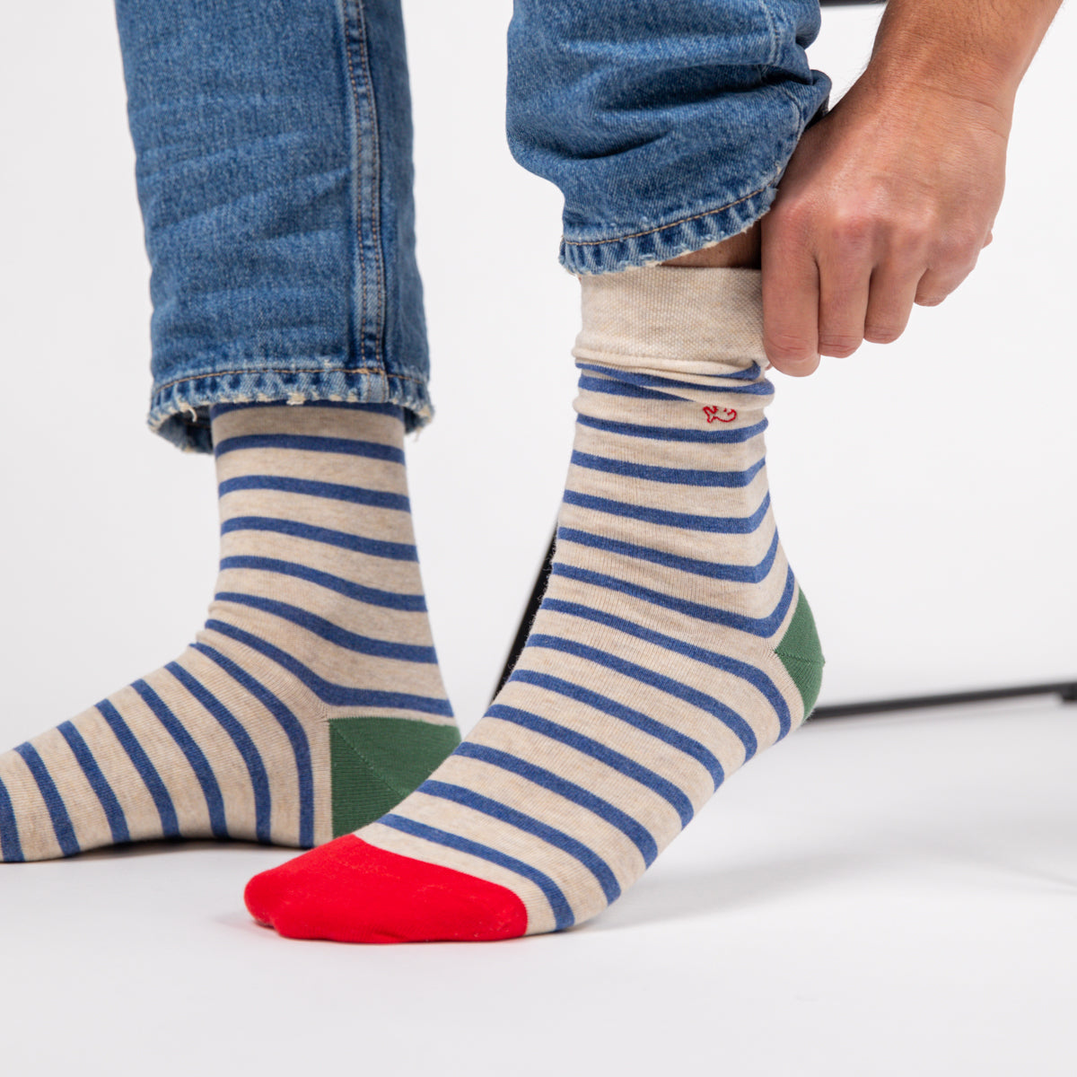 Socks in combed cotton Wide stripes - Beige, blue striped