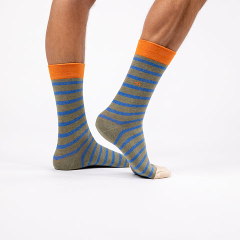 Socks in combed cotton Wide stripes - Khaki, blue striped