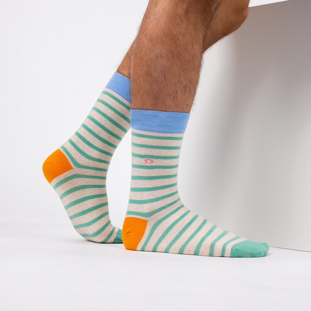 Socks in combed cotton Wide stripes - Beige, green striped