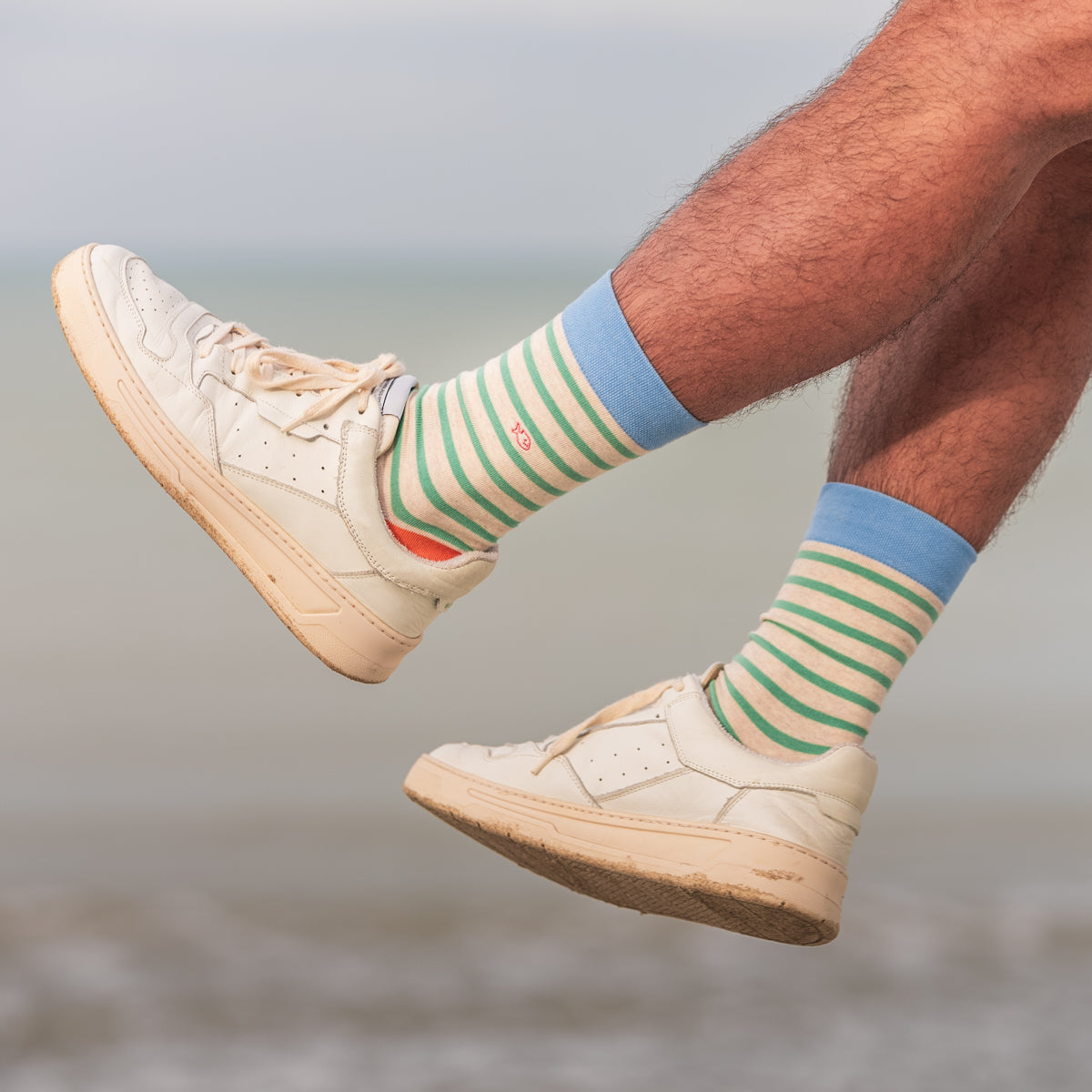 Socks in combed cotton Wide stripes - Beige, green striped