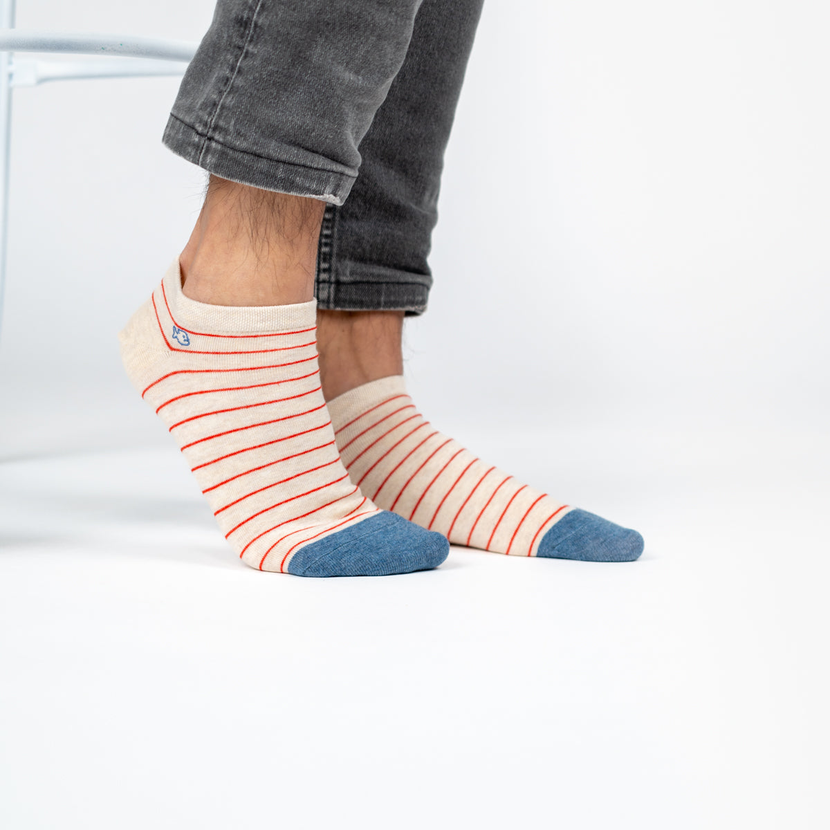 Ankle socks in combed cotton Striped - Beige, red striped