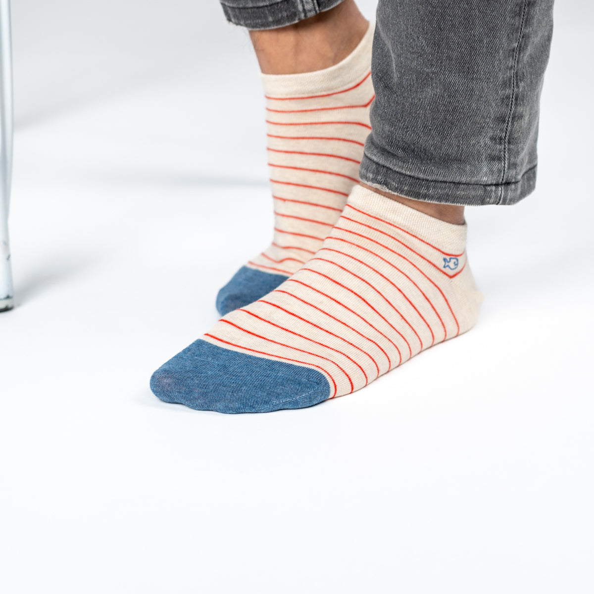 Ankle socks in combed cotton Striped - Beige, red striped