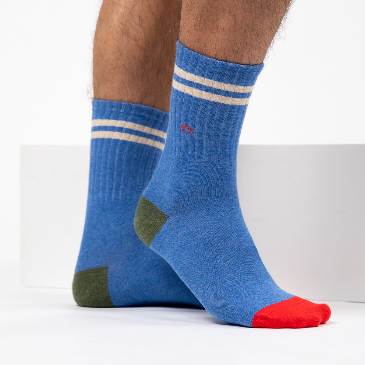 Socks in combed cotton Retro - Light blue, striped beige