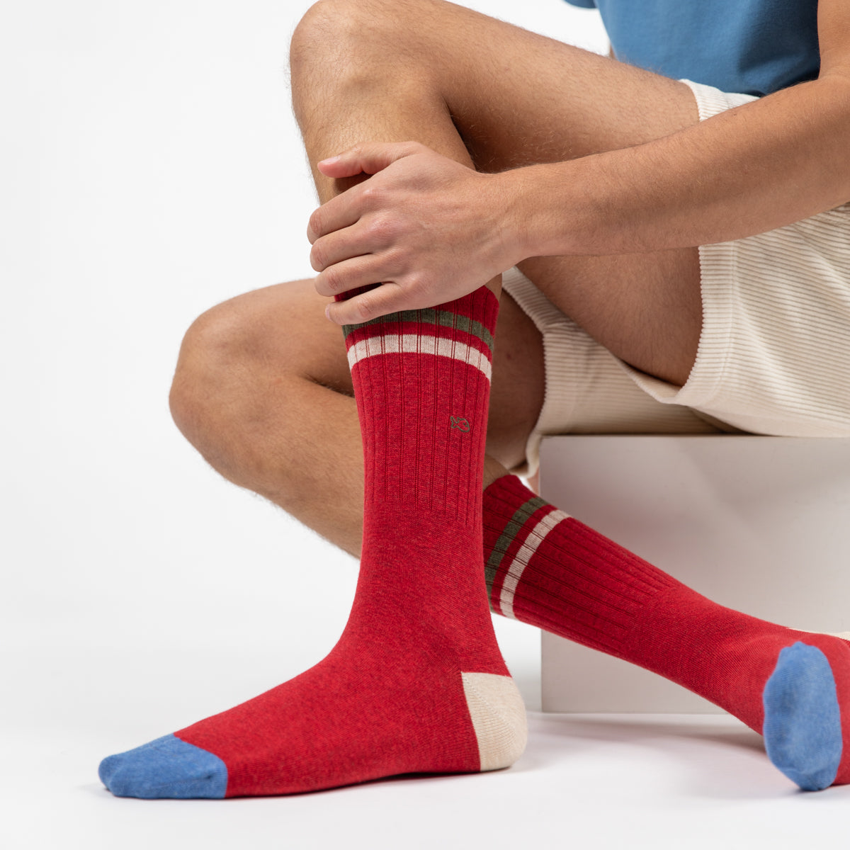 Chaussettes en coton peigné Retro - Rouge, rayé vert et beige