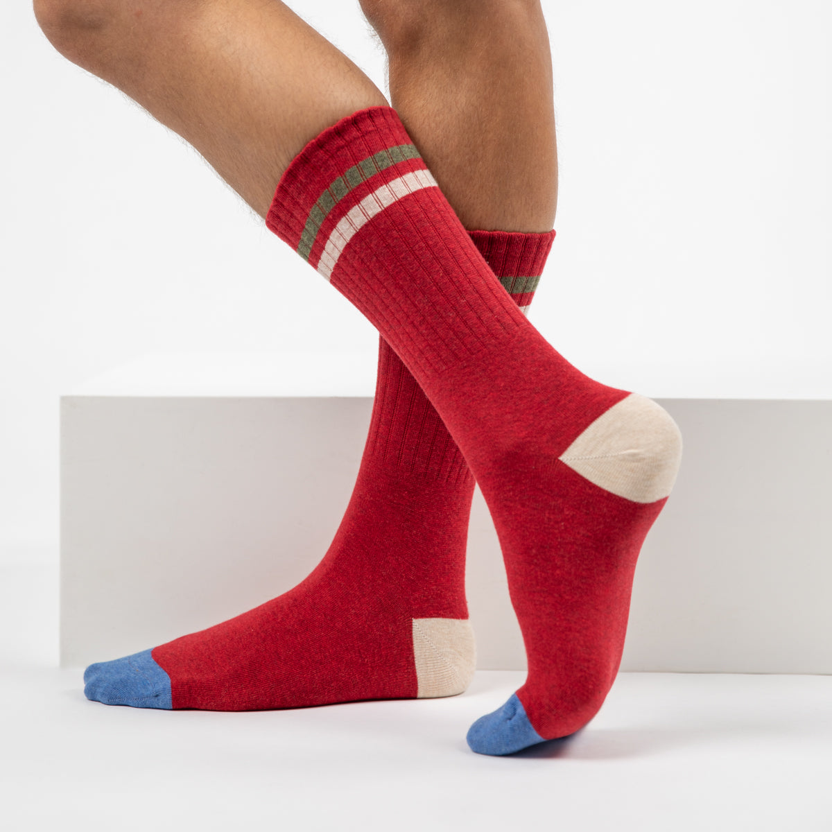 Chaussettes en coton peigné Retro - Rouge, rayé vert et beige