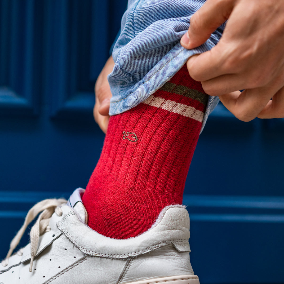 Chaussettes en coton peigné Retro - Rouge, rayé vert et beige